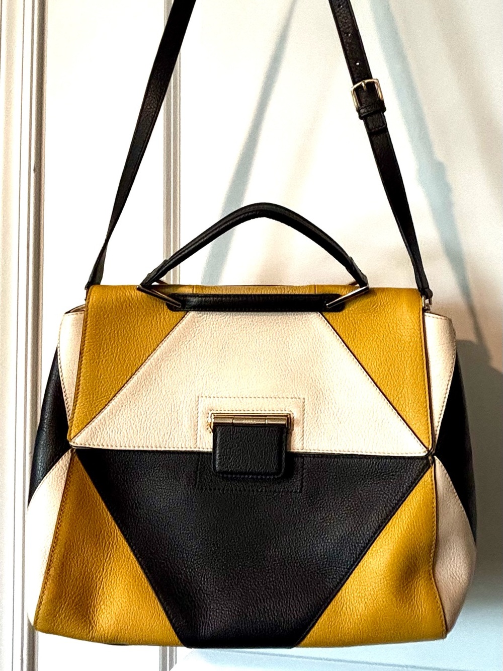 Furla Artesia Medium Colorblock Leather Satchel Bag - Yellow/Black/White